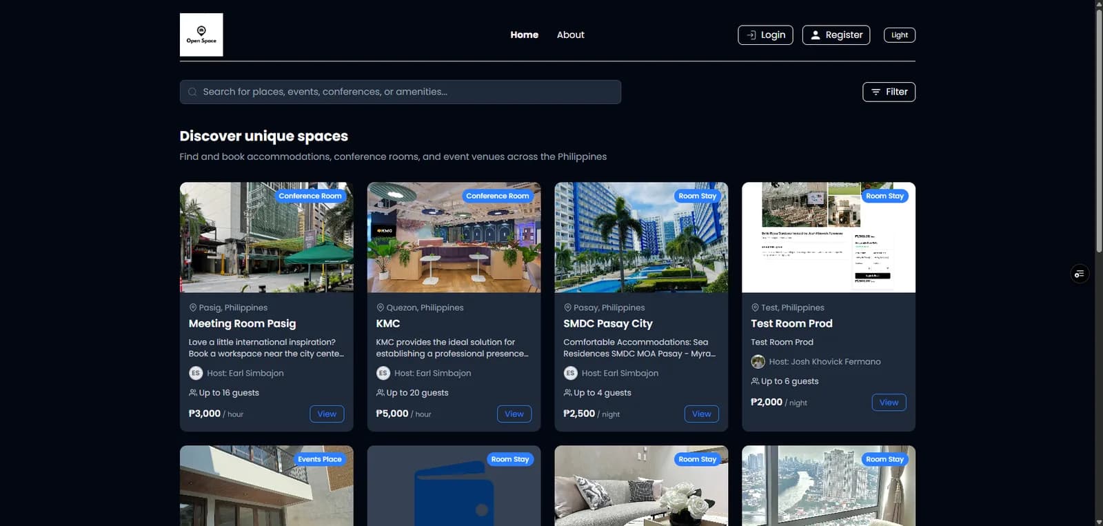 OpenSpace venue listings page with a search bar and filters above a grid of venue cards showing meeting rooms and coworking lounges, each tagged with host name, guest capacity, and peso pricing.