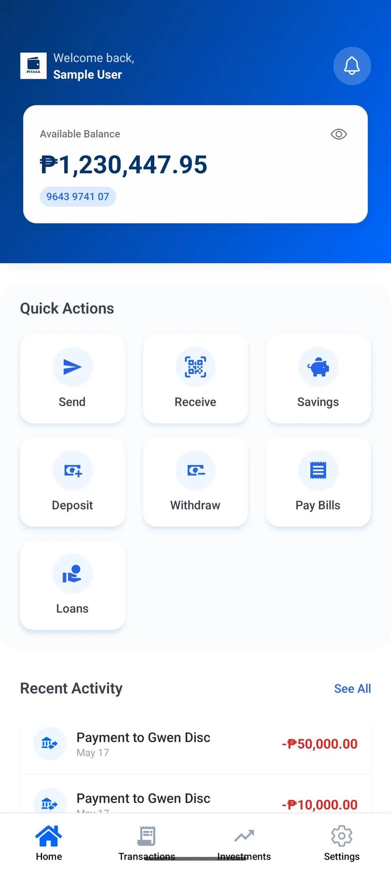 Pitaka mobile banking home dashboard with a gradient header showing available balance and account number, a seven tile quick actions grid, and the start of a recent activity list.