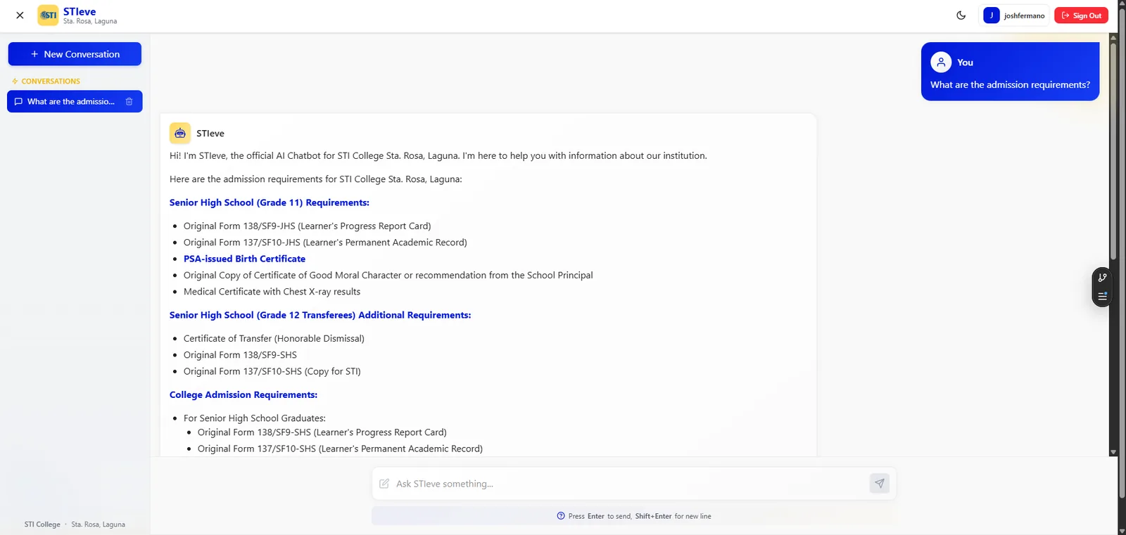 STIeve chatbot in light mode answering a question about admission requirements with a formatted list including Form 138, a PSA birth certificate, and a medical certificate.